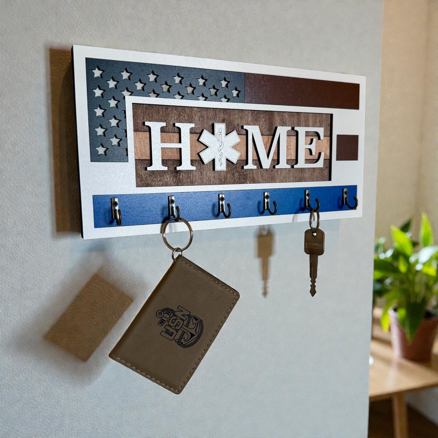 EMS Thin White Line Key Holder | First Responder Key Rack | Star of Life Wall Organizer | EMS Gift | Paramedic Decor | Laser Cut Wooden Key Hook | Handmade