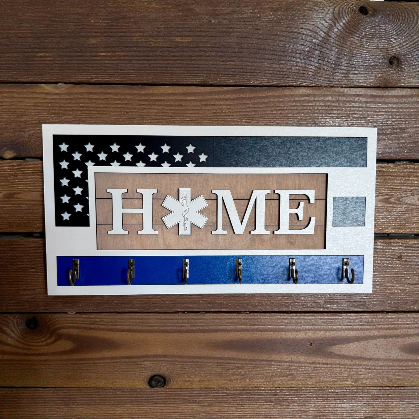 EMS Thin White Line Key Holder | First Responder Key Rack | Star of Life Wall Organizer | EMS Gift | Paramedic Decor | Laser Cut Wooden Key Hook | Handmade
