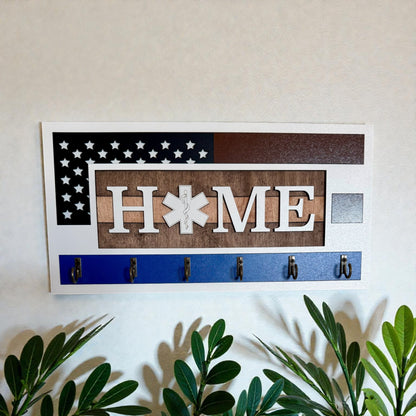 EMS Thin White Line Key Holder | First Responder Key Rack | Star of Life Wall Organizer | EMS Gift | Paramedic Decor | Laser Cut Wooden Key Hook | Handmade
