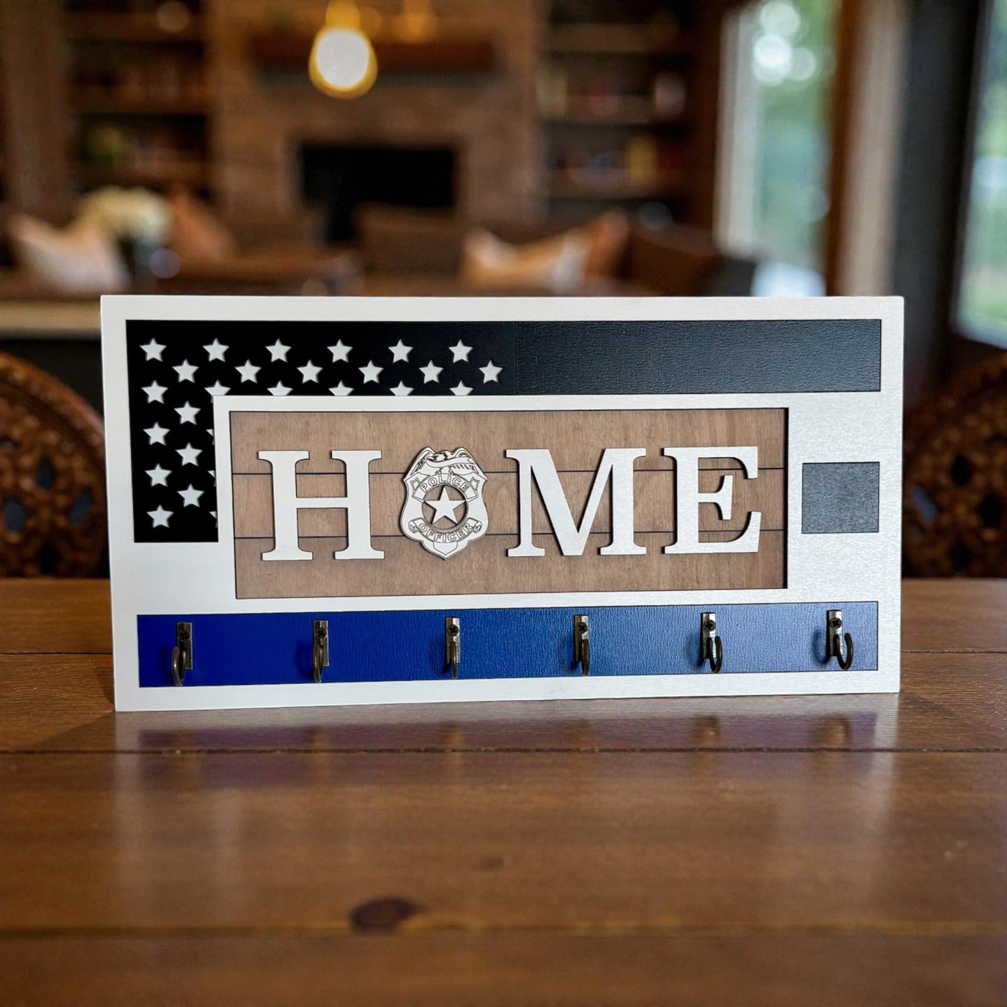 Handcrafted Thin Blue Line Police Officer Key Holder | American Flag Badge Decor
