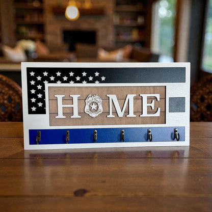 Handcrafted Thin Blue Line Police Officer Key Holder | American Flag Badge Decor