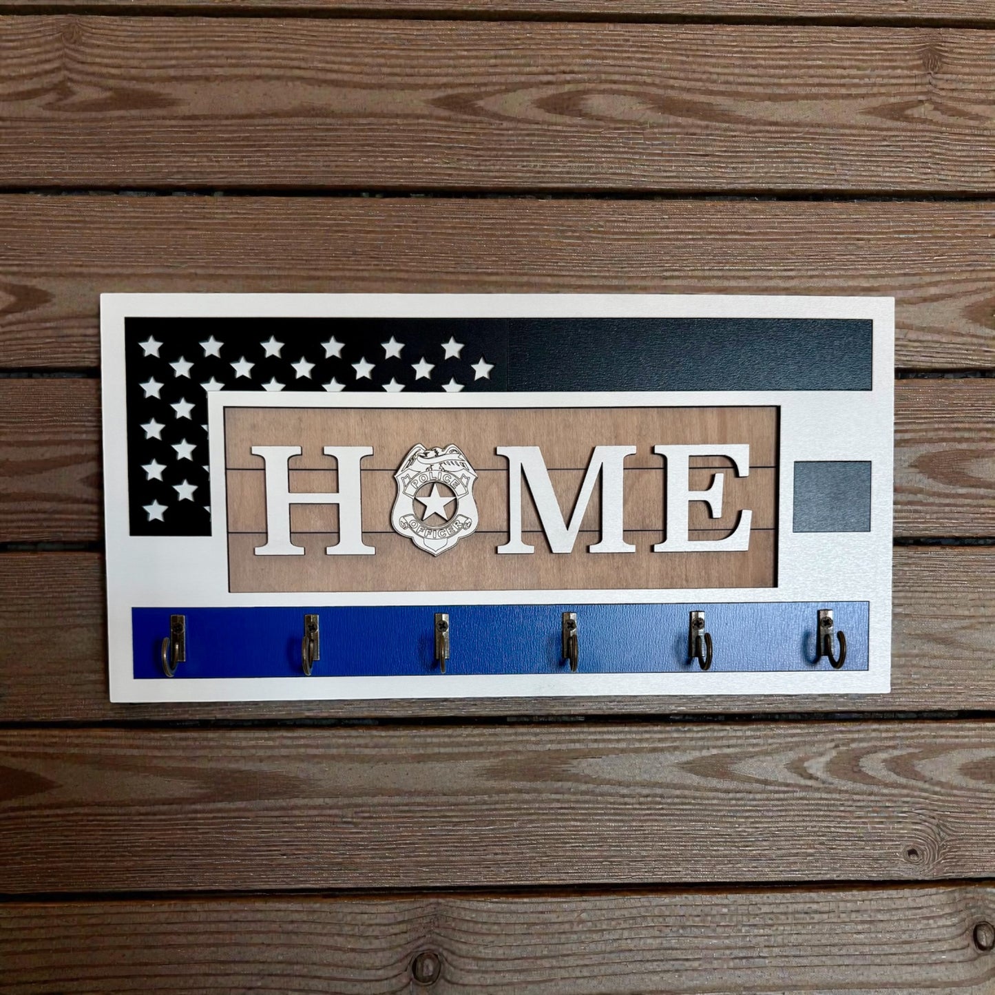 Handcrafted Thin Blue Line Police Officer Key Holder | American Flag Badge Decor