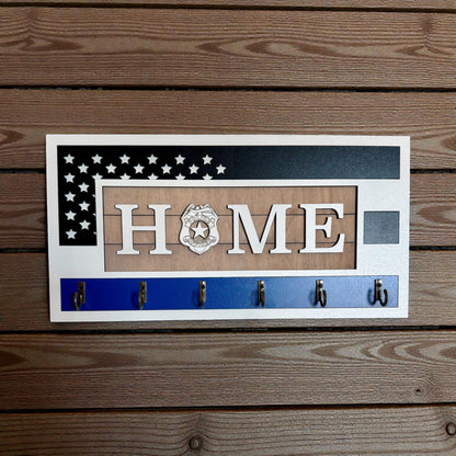 Handcrafted Thin Blue Line Police Officer Key Holder | American Flag Badge Decor