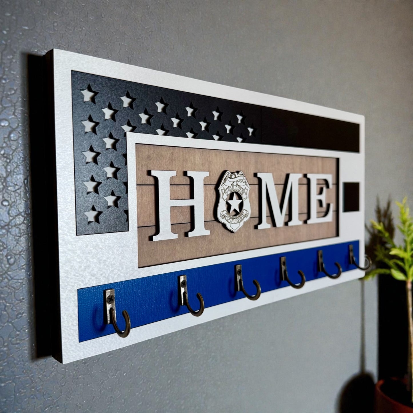 Handcrafted Thin Blue Line Police Officer Key Holder | American Flag Badge Decor