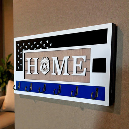 Handcrafted Thin Blue Line Police Officer Key Holder | American Flag Badge Decor