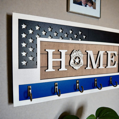 Handcrafted Thin Blue Line Police Officer Key Holder | American Flag Badge Decor