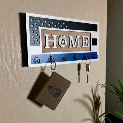 Handcrafted Thin Blue Line Police Officer Key Holder | American Flag Badge Decor