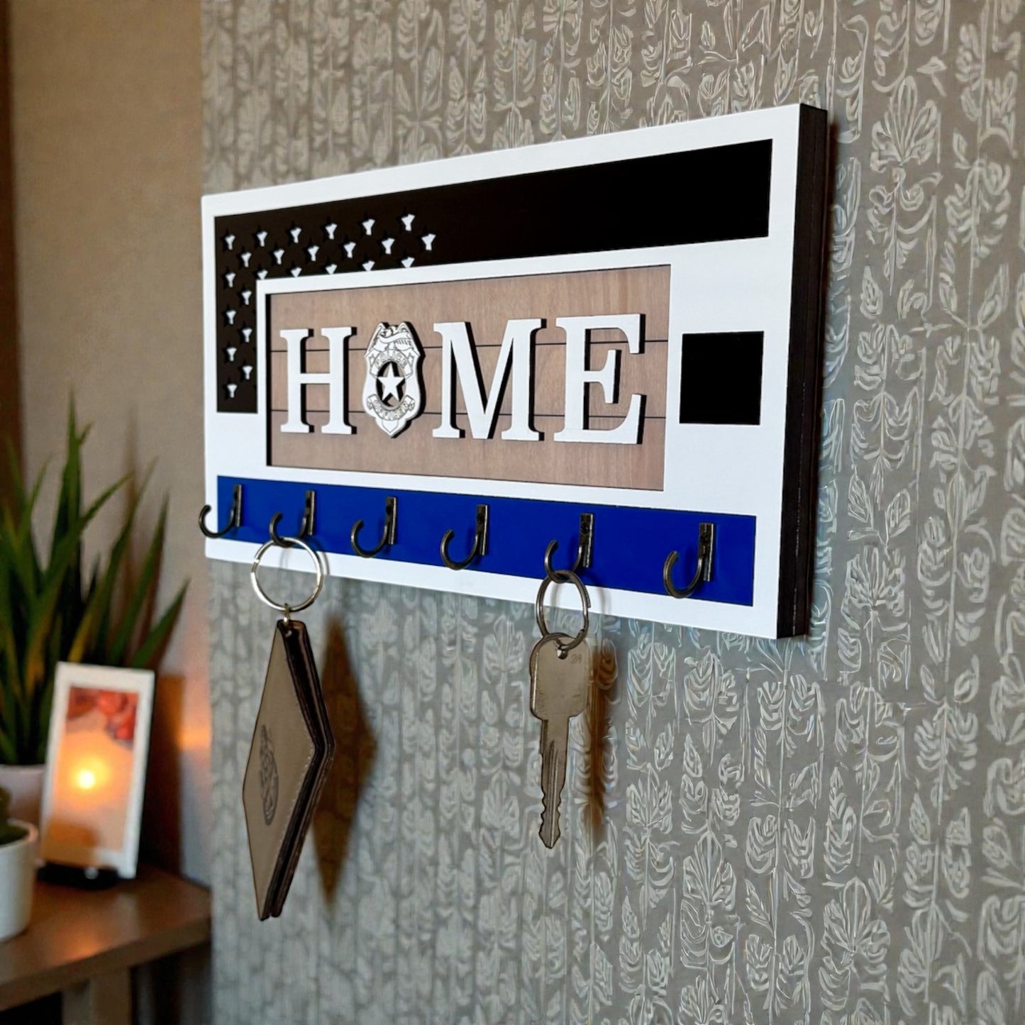 Handcrafted Thin Blue Line Police Officer Key Holder | American Flag Badge Decor