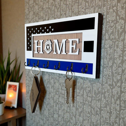 Handcrafted Thin Blue Line Police Officer Key Holder | American Flag Badge Decor