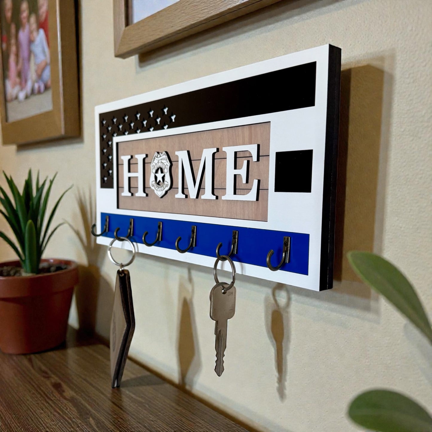 Handcrafted Thin Blue Line Police Officer Key Holder | American Flag Badge Decor