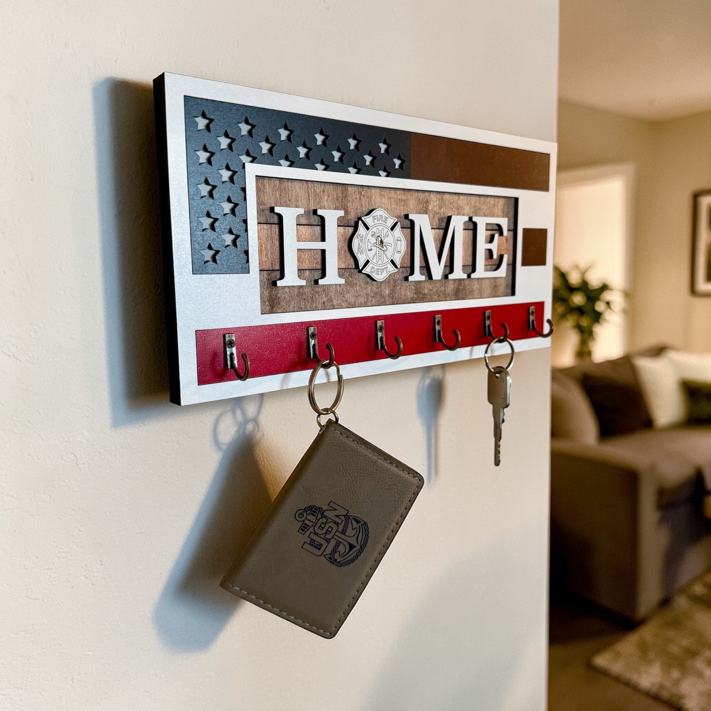 Firefighter Retirement Gift – Personalized Thin Red Line Key Holder for Firefighter Husband or Dad
