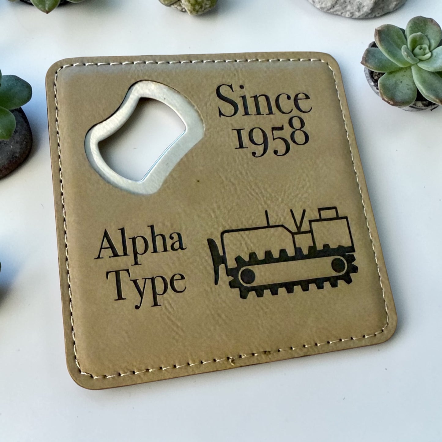 Navy Seabee Bottle Opener Coaster – Custom Seabee Rate Gift – Leatherette Engraved Military Bar Accessory – BU CE CM EA EO SW UT Gift