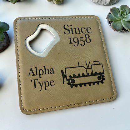 Navy Seabee Bottle Opener Coaster – Custom Seabee Rate Gift – Leatherette Engraved Military Bar Accessory – BU CE CM EA EO SW UT Gift
