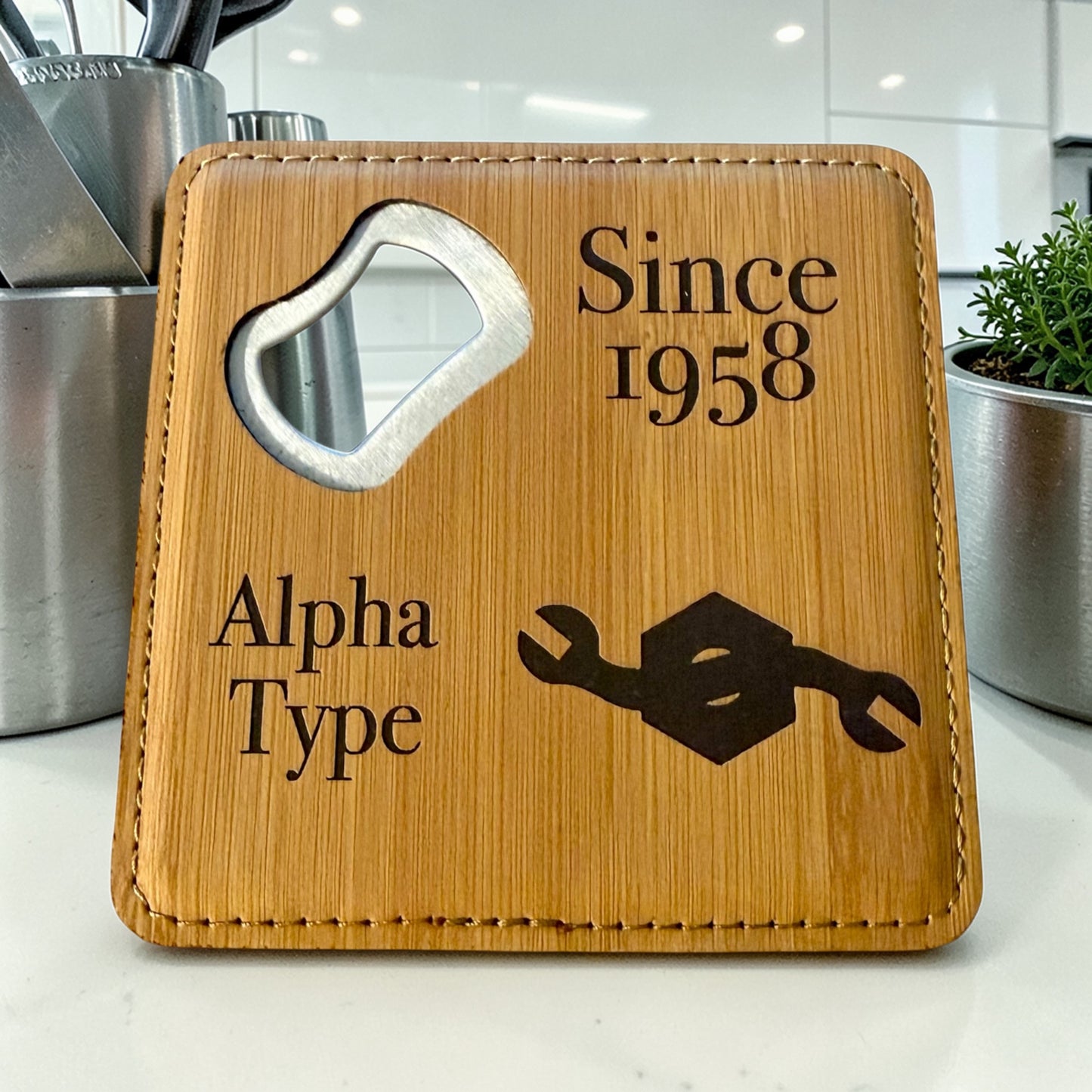 Navy Seabee Bottle Opener Coaster – Custom Seabee Rate Gift – Leatherette Engraved Military Bar Accessory – BU CE CM EA EO SW UT Gift