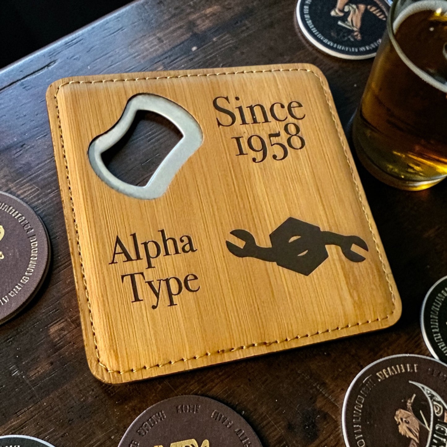 Navy Seabee Bottle Opener Coaster – Custom Seabee Rate Gift – Leatherette Engraved Military Bar Accessory – BU CE CM EA EO SW UT Gift
