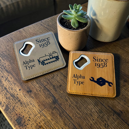 Navy Seabee Bottle Opener Coaster – Custom Seabee Rate Gift – Leatherette Engraved Military Bar Accessory – BU CE CM EA EO SW UT Gift