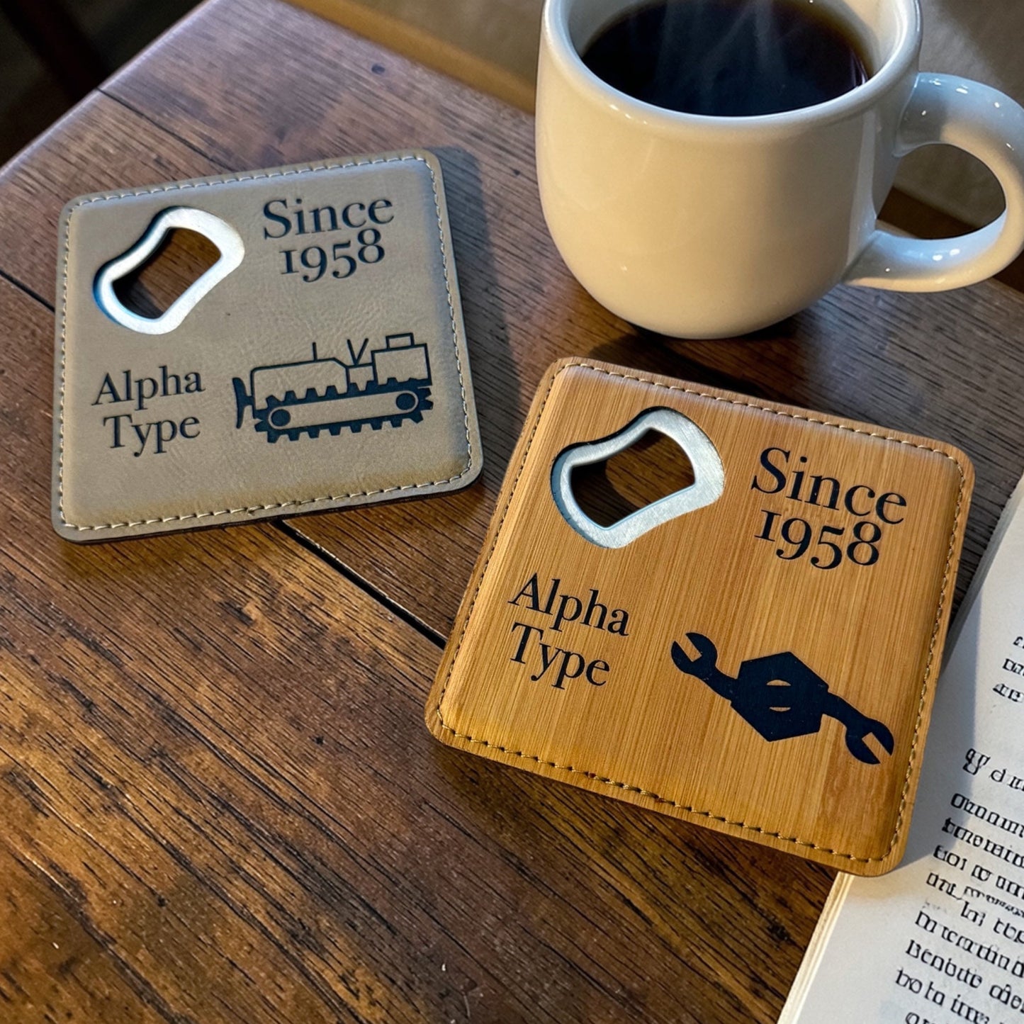 Navy Seabee Bottle Opener Coaster – Custom Seabee Rate Gift – Leatherette Engraved Military Bar Accessory – BU CE CM EA EO SW UT Gift