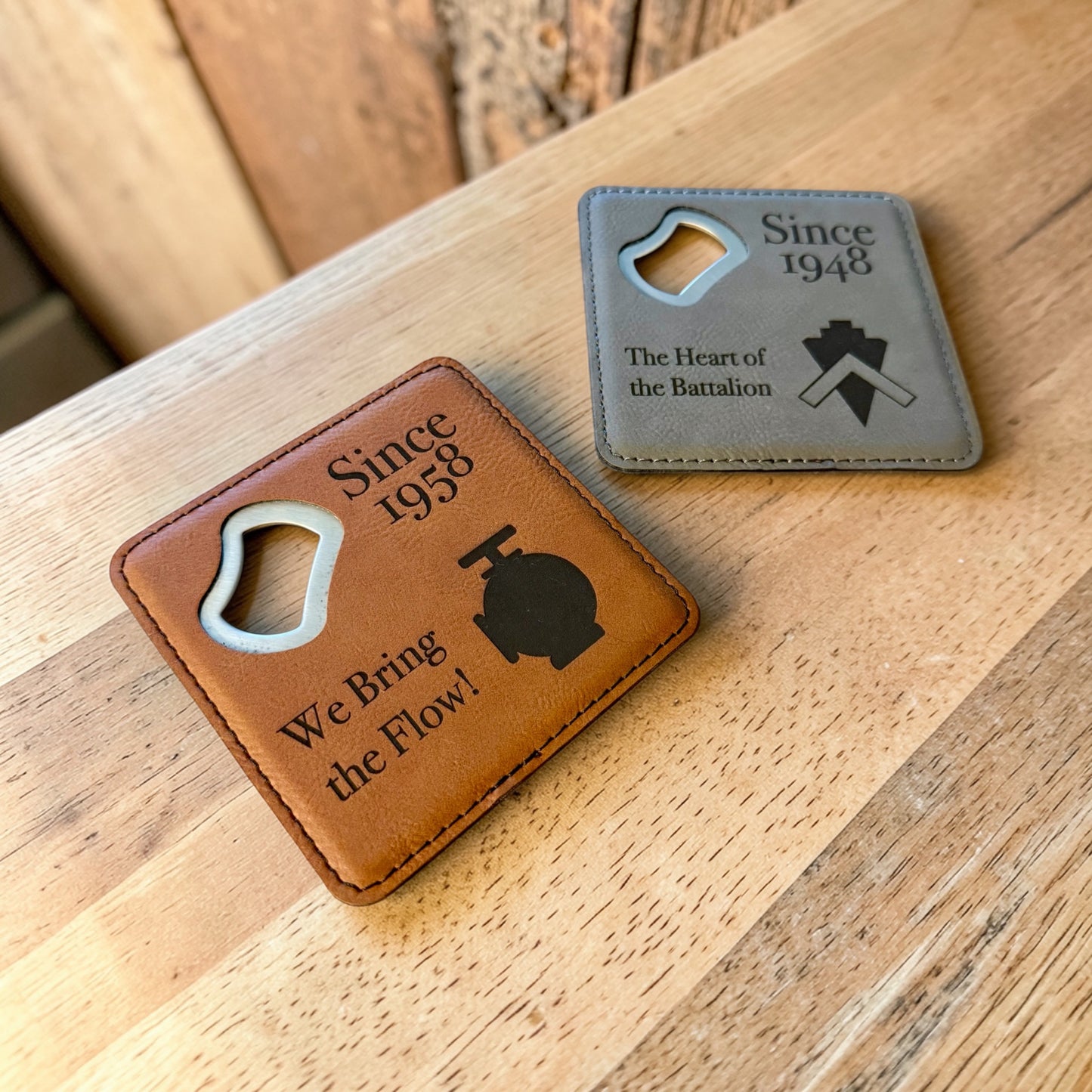 Navy Seabee Bottle Opener Coaster – Custom Seabee Rate Gift – Leatherette Engraved Military Bar Accessory – BU CE CM EA EO SW UT Gift