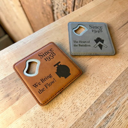 Navy Seabee Bottle Opener Coaster – Custom Seabee Rate Gift – Leatherette Engraved Military Bar Accessory – BU CE CM EA EO SW UT Gift