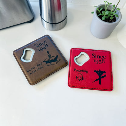 Navy Seabee Bottle Opener Coaster – Custom Seabee Rate Gift – Leatherette Engraved Military Bar Accessory – BU CE CM EA EO SW UT Gift