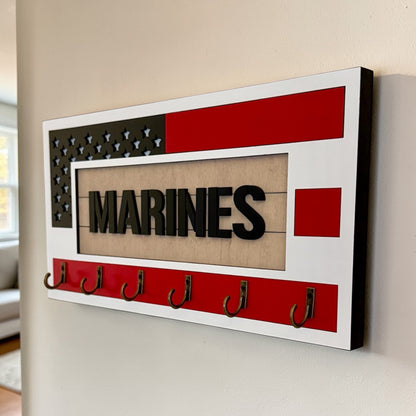 USMC Marines Key Holder – American Flag Wall Organizer with 6 Hooks