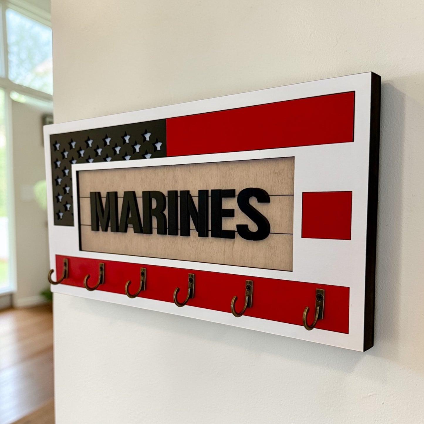 USMC Marines Key Holder – American Flag Wall Organizer with 6 Hooks