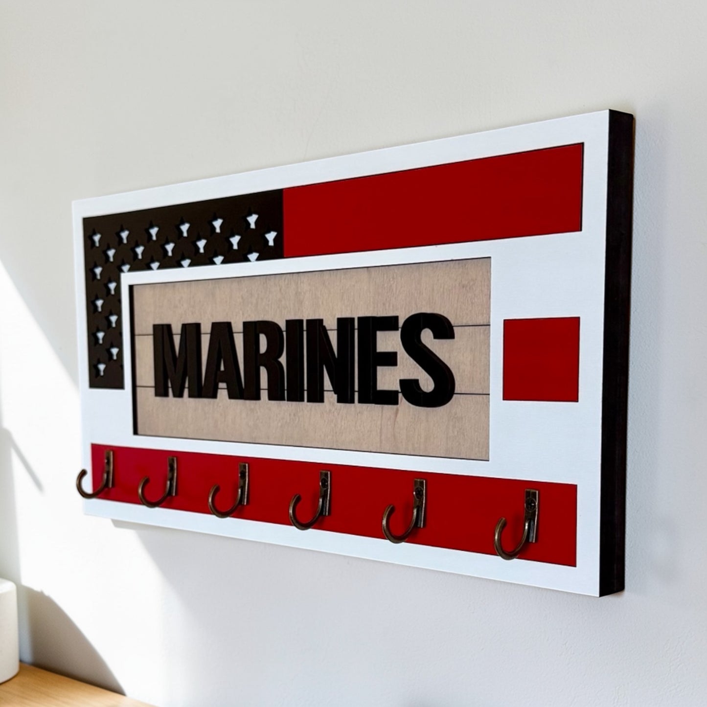 USMC Marines Key Holder – American Flag Wall Organizer with 6 Hooks