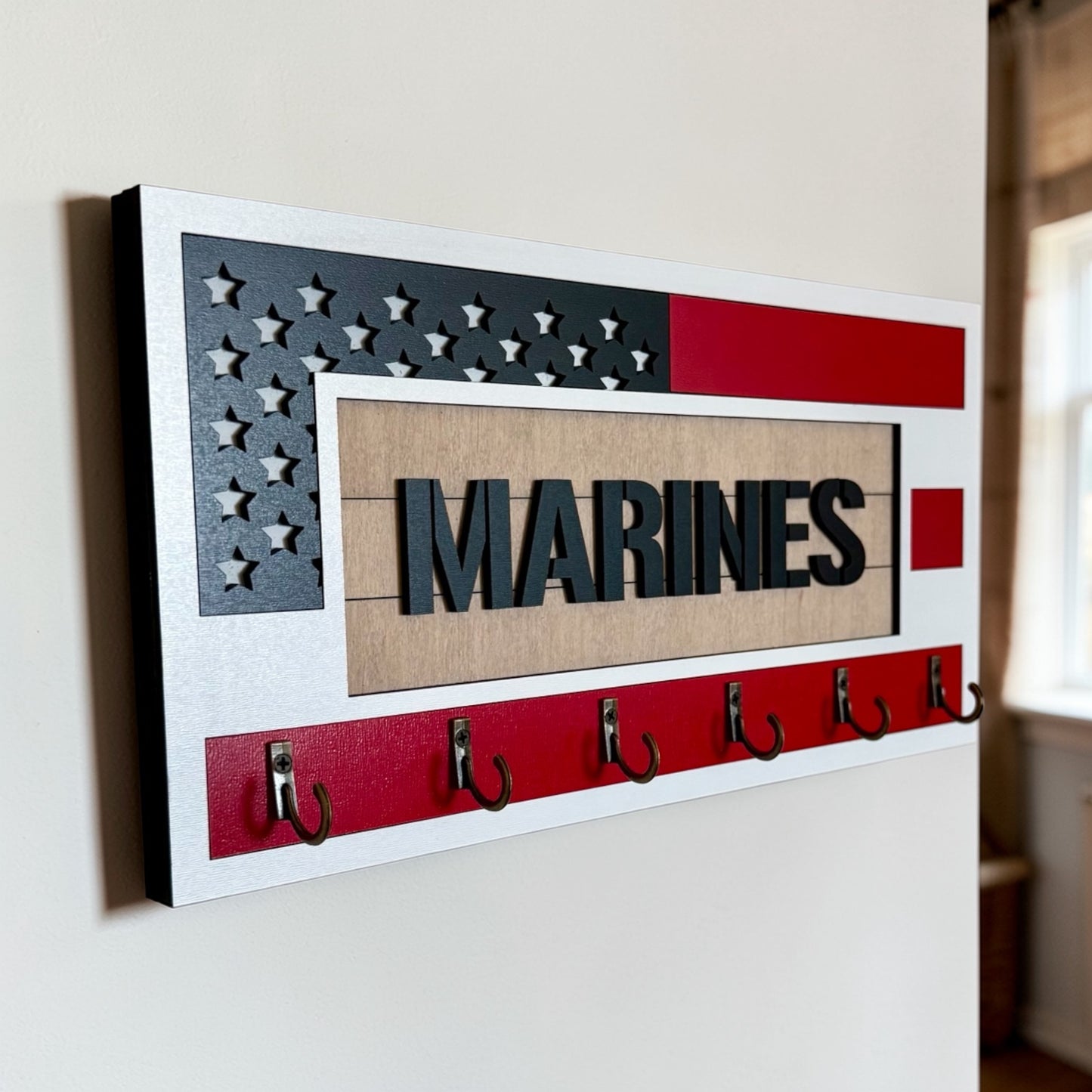 USMC Marines Key Holder – American Flag Wall Organizer with 6 Hooks