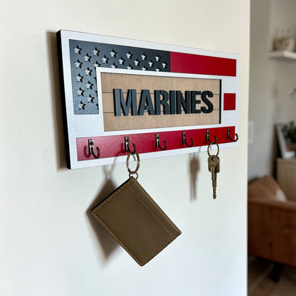 USMC Marines Key Holder – American Flag Wall Organizer with 6 Hooks
