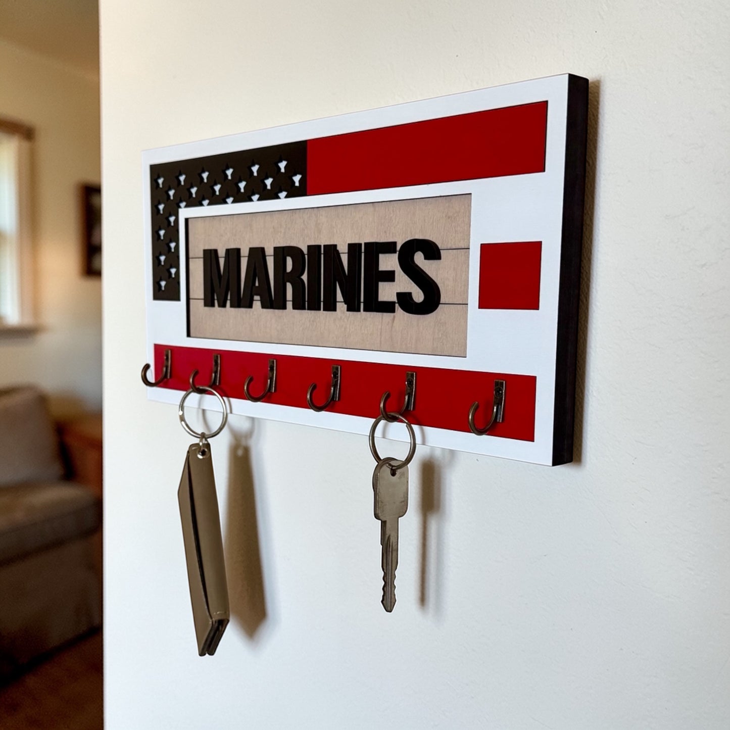 USMC Marines Key Holder – American Flag Wall Organizer with 6 Hooks