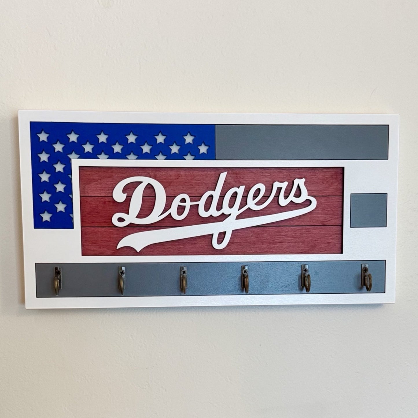 Los Angeles Dodgers Wall Key Holder – American Flag Wooden Key Rack with 6 Hooks – Baseball Fan Home Decor