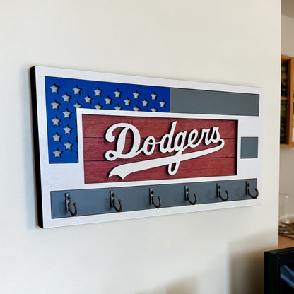 Los Angeles Dodgers Wall Key Holder – American Flag Wooden Key Rack with 6 Hooks – Baseball Fan Home Decor