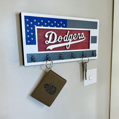 Los Angeles Dodgers Wall Key Holder – American Flag Wooden Key Rack with 6 Hooks – Baseball Fan Home Decor