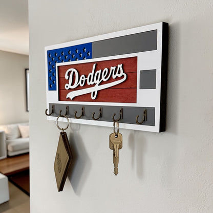 Los Angeles Dodgers Wall Key Holder – American Flag Wooden Key Rack with 6 Hooks – Baseball Fan Home Decor