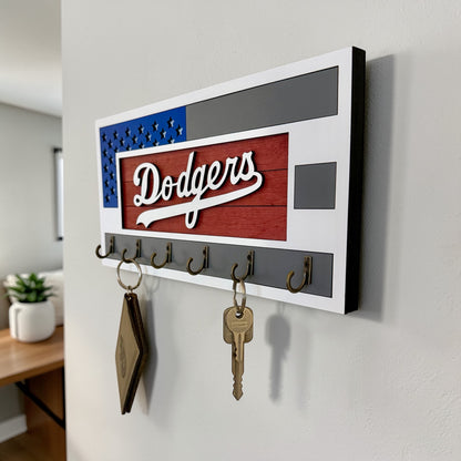 Los Angeles Dodgers Wall Key Holder – American Flag Wooden Key Rack with 6 Hooks – Baseball Fan Home Decor