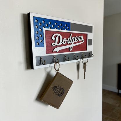 Los Angeles Dodgers Wall Key Holder – American Flag Wooden Key Rack with 6 Hooks – Baseball Fan Home Decor