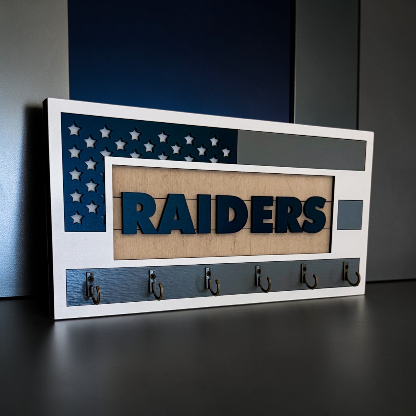Las Vegas Raiders Wall Key Holder – American Flag Wooden Key Rack with 6 Hooks – Football Fan Home Decor