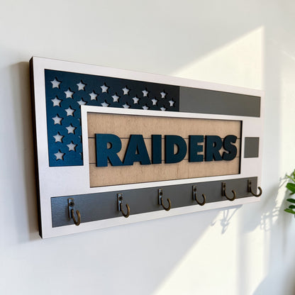 Las Vegas Raiders Wall Key Holder – American Flag Wooden Key Rack with 6 Hooks – Football Fan Home Decor