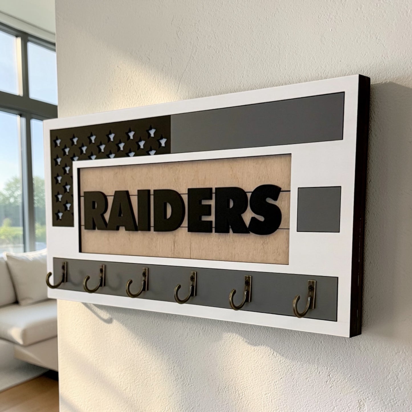 Las Vegas Raiders Wall Key Holder – American Flag Wooden Key Rack with 6 Hooks – Football Fan Home Decor