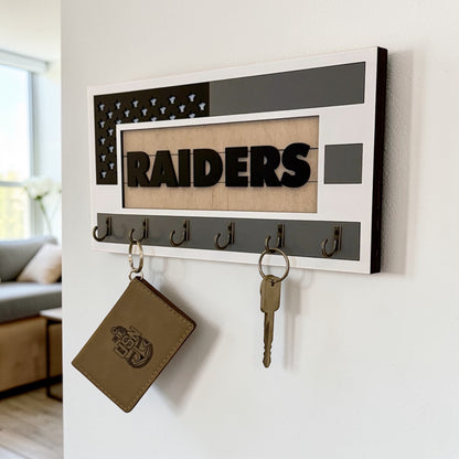 Las Vegas Raiders Wall Key Holder – American Flag Wooden Key Rack with 6 Hooks – Football Fan Home Decor