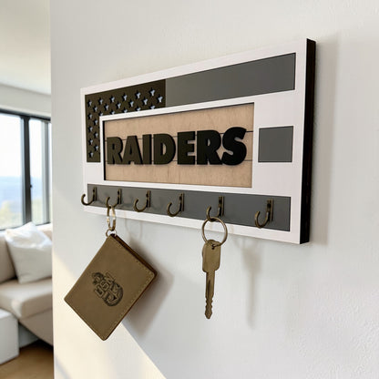 Las Vegas Raiders Wall Key Holder – American Flag Wooden Key Rack with 6 Hooks – Football Fan Home Decor