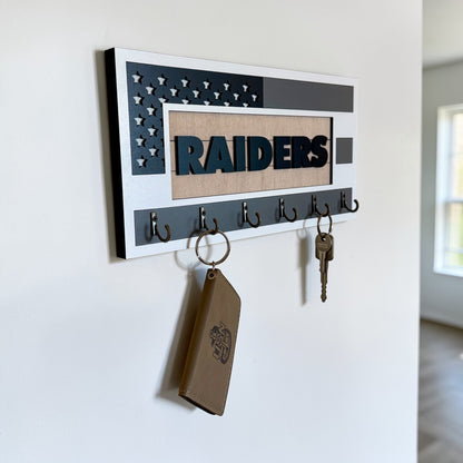 Las Vegas Raiders Wall Key Holder – American Flag Wooden Key Rack with 6 Hooks – Football Fan Home Decor