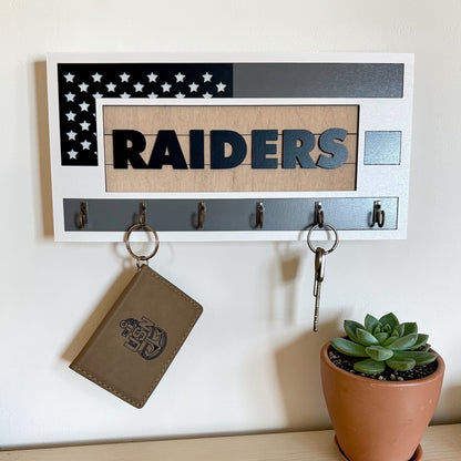 Las Vegas Raiders Wall Key Holder – American Flag Wooden Key Rack with 6 Hooks – Football Fan Home Decor