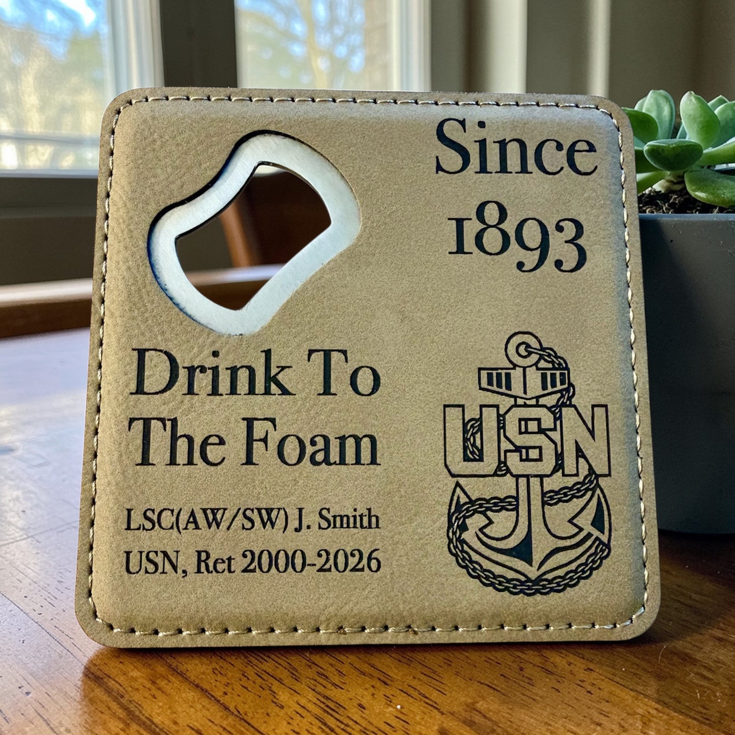 Navy Chief retirement bottle opener coaster with personalized name, rank and years of service