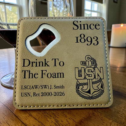 Navy Chief retirement bottle opener coaster with personalized name, rank and years of service