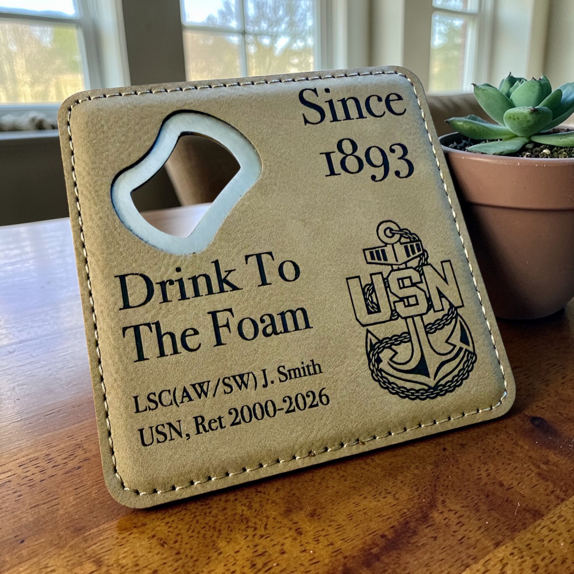 Navy Chief retirement bottle opener coaster with personalized name, rank and years of service
