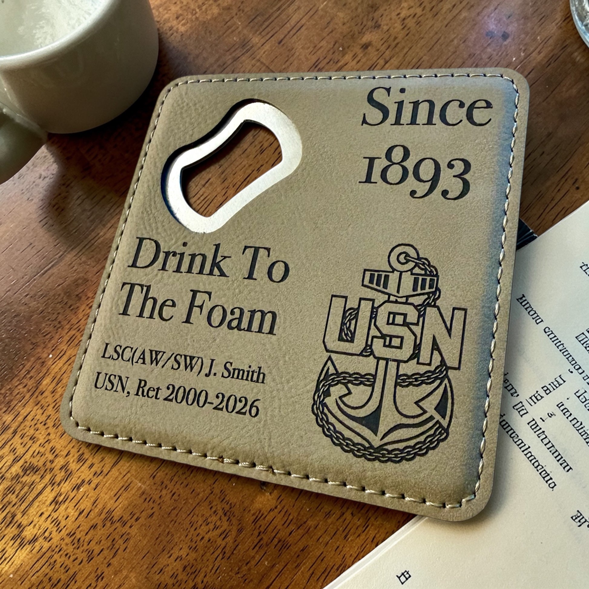 Navy Chief retirement bottle opener coaster with personalized name, rank and years of service
