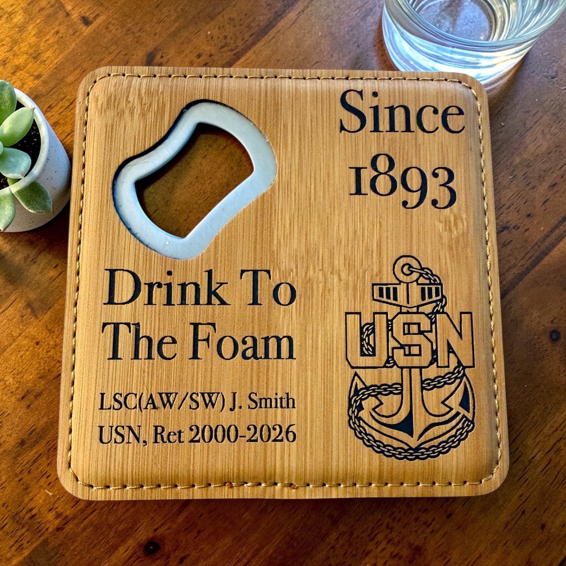Navy Chief retirement bottle opener coaster with personalized name, rank and years of service