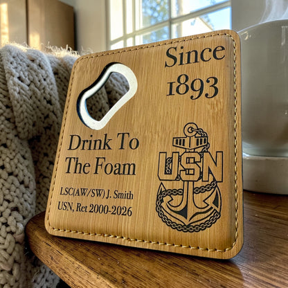 Navy Chief retirement bottle opener coaster with personalized name, rank and years of service