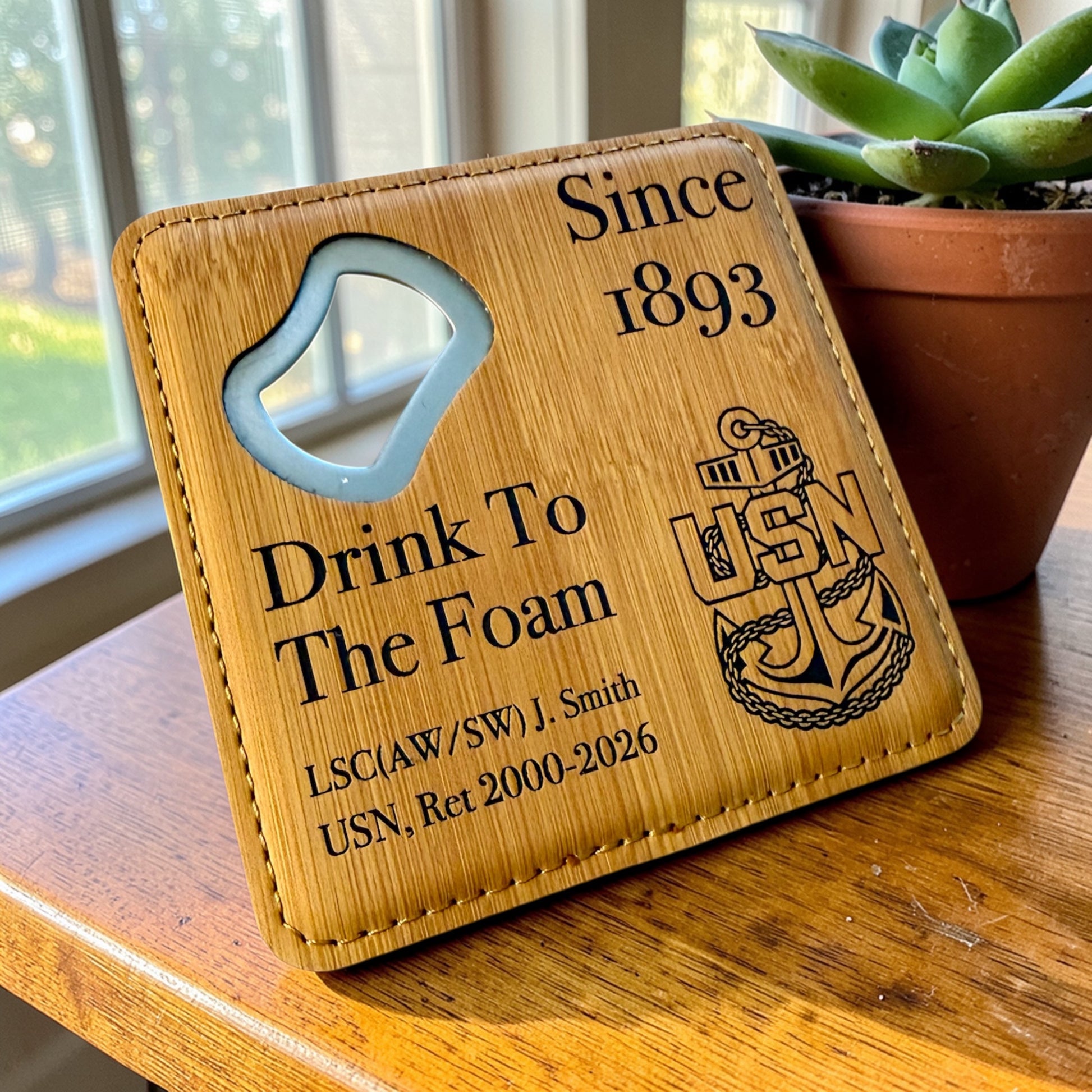 Navy Chief retirement bottle opener coaster with personalized name, rank and years of service